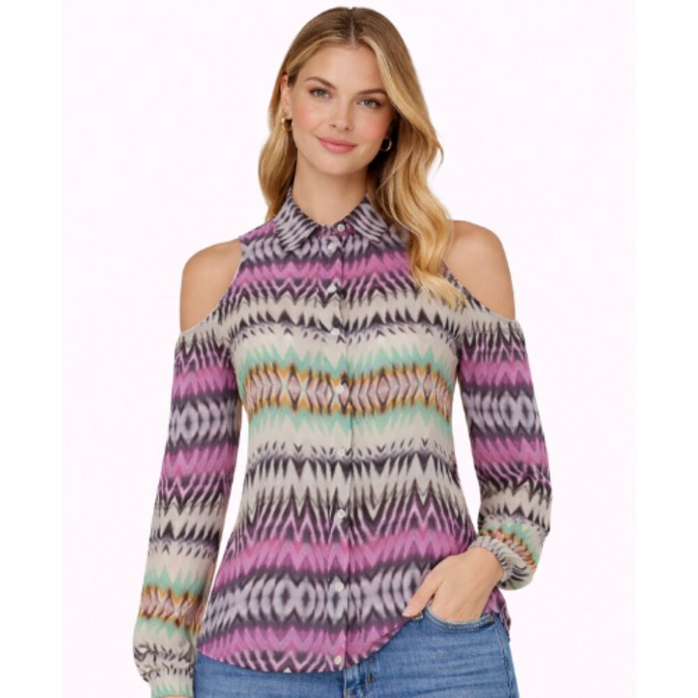 Parker Y2K Printed Silk iKat Button Front Blouse in Multi Color NWOT Size XS
